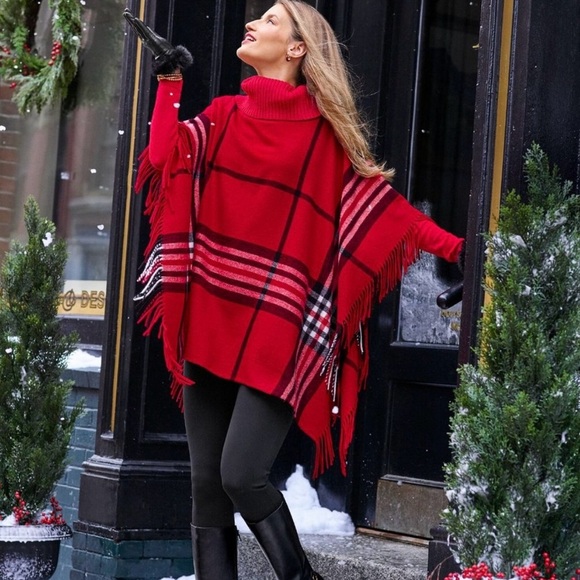Talbots Red Plaid Turtleneck Poncho Sweater- XS/S - Picture 1 of 7